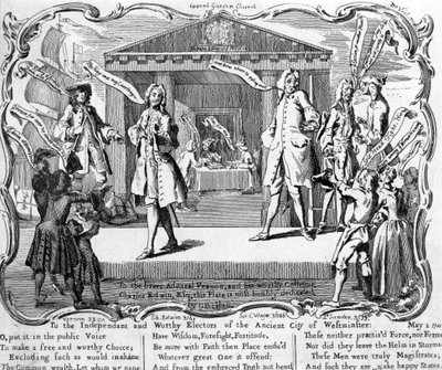 Satire on the Westminster Election with candidates at hustings by the portico of St Paul